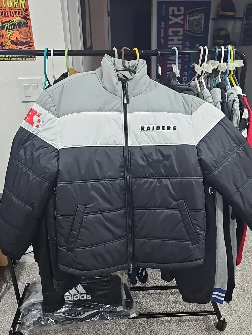 Mitchell & Ness Raiders Black White Gray Colorblock Puffer Jacket